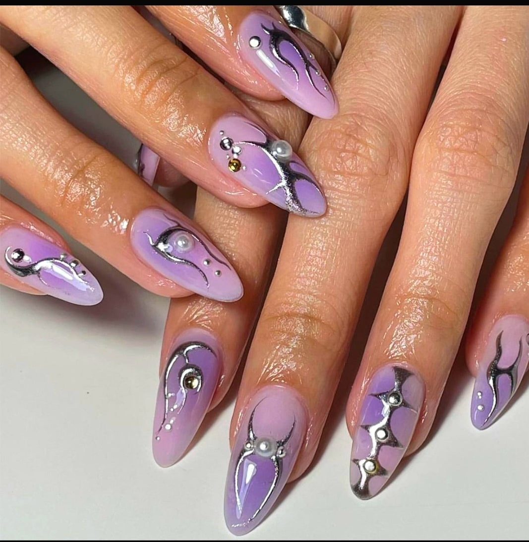 Purple and Silver press on nails