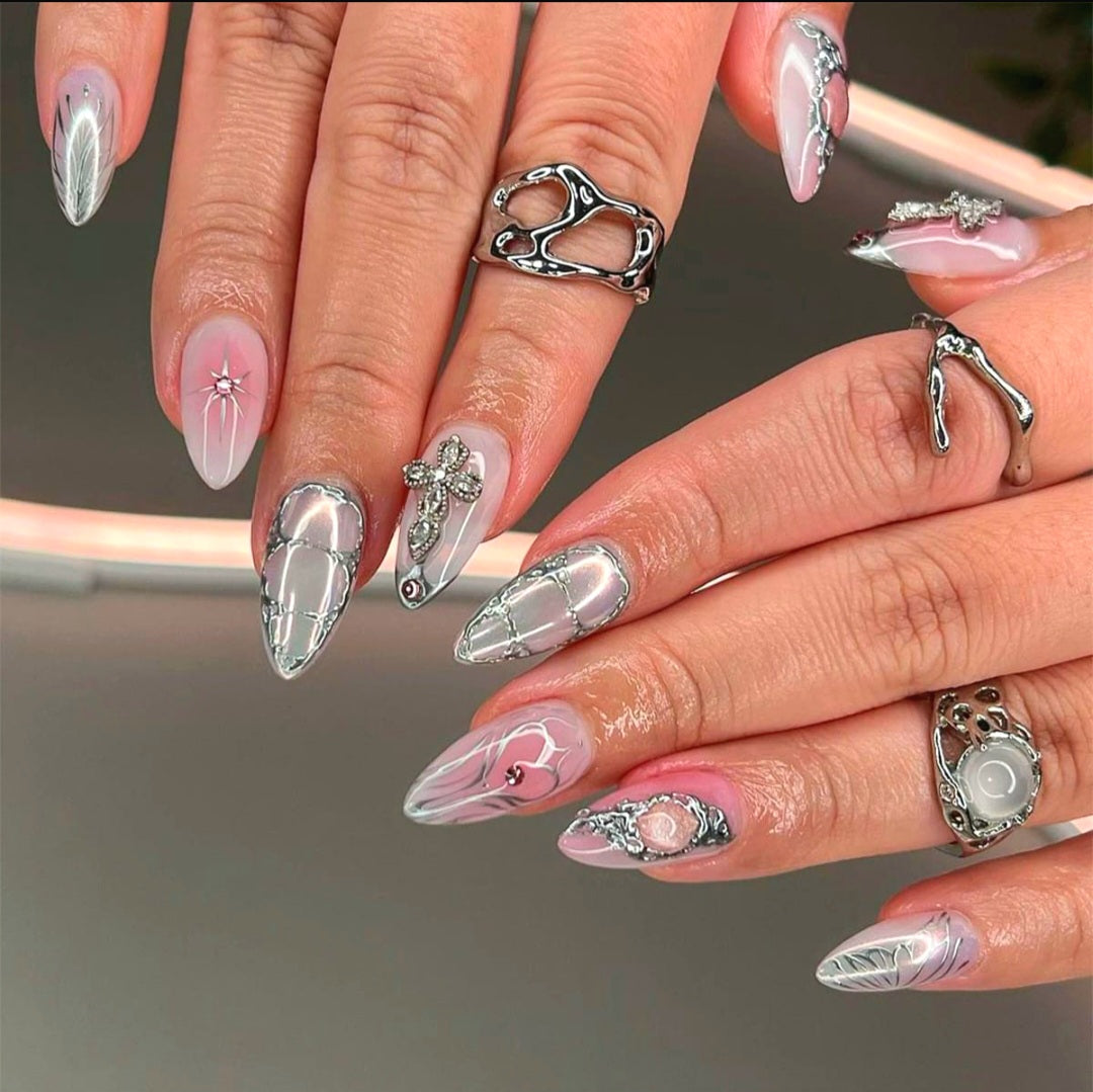 Silver and Pink Press on Nails