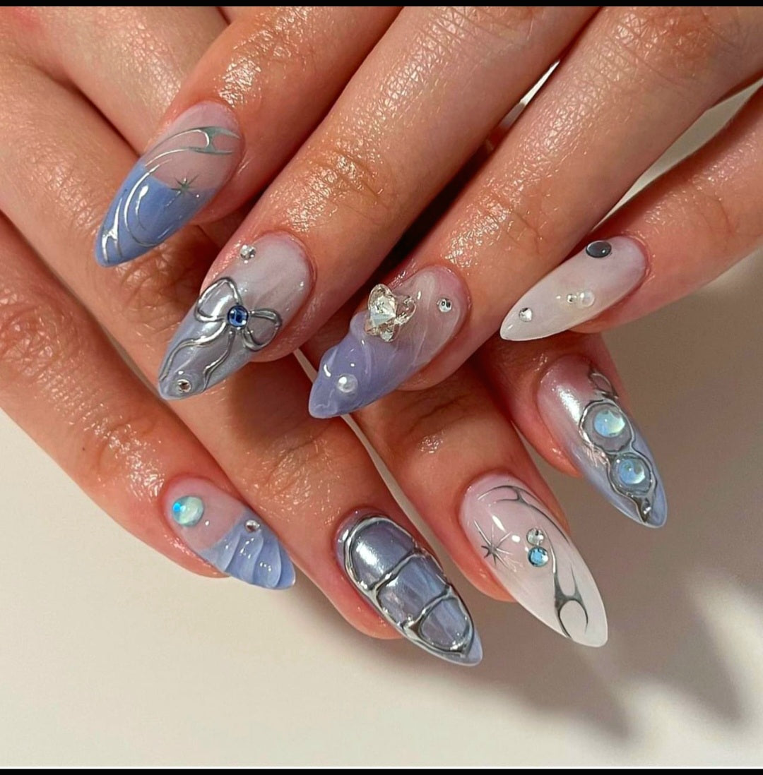 Blue and Silver press-on nails